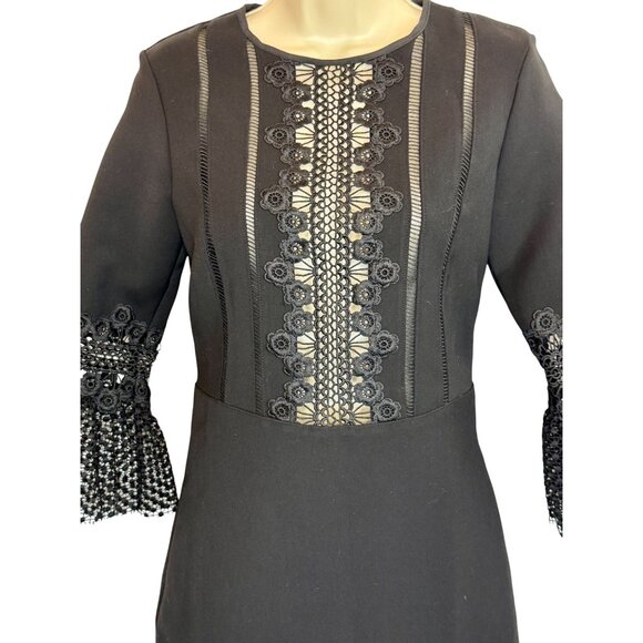 Self Portrait Bell Sleeve Ponte Lace Trim Shift Dress black - Size 2 - Picture 6 of 11